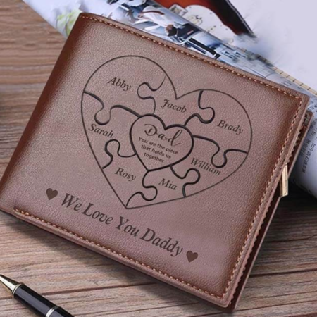 Personalized Dad You Are the Piece That Holds Us Together Puzzle Pieces Leather Trifold Wallet