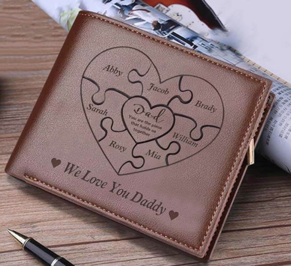 Personalized Dad You Are the Piece That Holds Us Together Puzzle Pieces Leather Trifold Wallet