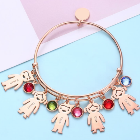Personalized Birthstone Bangle Bracelet With 1-12 Name Engraved on Kid Charm