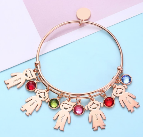 Personalized Birthstone Bangle Bracelet With 1-12 Name Engraved on Kid Charm