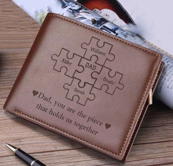 Personalized Dad You Are the Piece That Holds Us Together Puzzle Pieces Leather Trifold Wallet